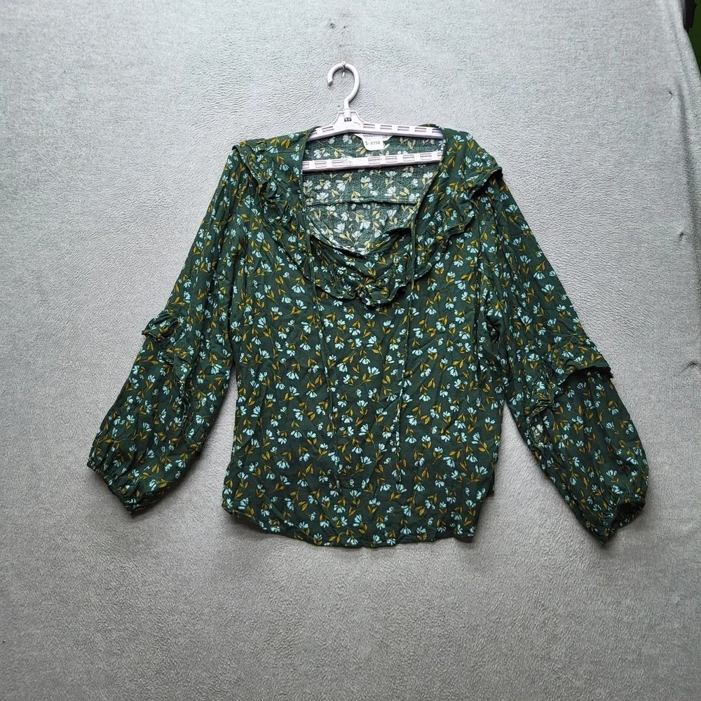 Sonoma Goods‎ For Life Women Blouse 1X Green Floral Scoop Neck Pullover